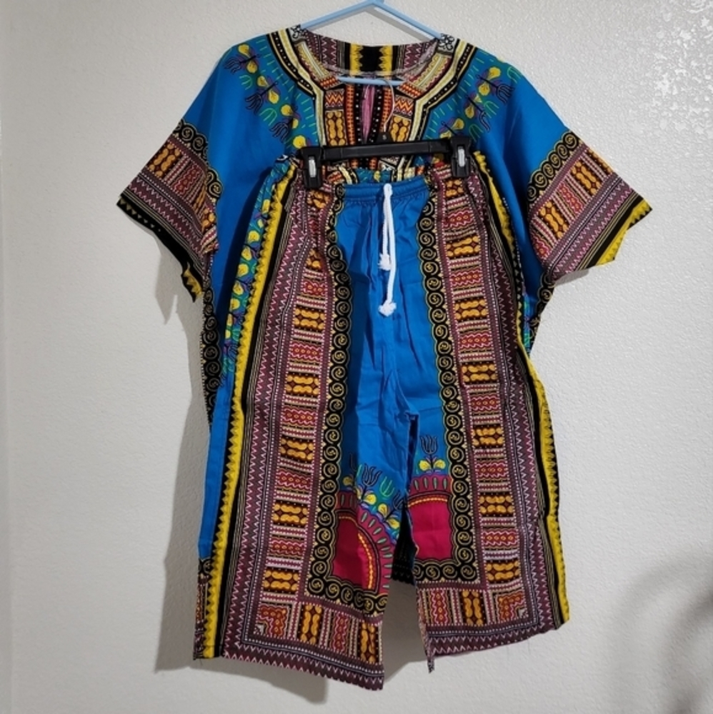 Unisex One Size African‎ Dashiki Shirt & Capri Pants 2pc. Set Blue, Pink, Yellow - Picture 4 of 7